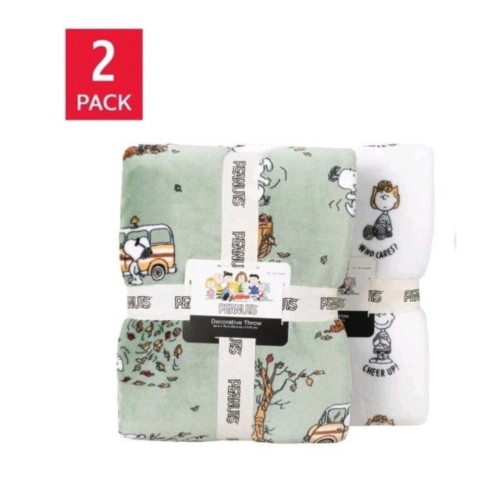 Peanuts Throw Green White Snoopy 2-Pack Printed VelvetLoft Plush  - Green - New